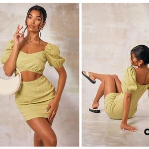 Lime Textured Linen Cut Out Puff Sleeve Shift Dress